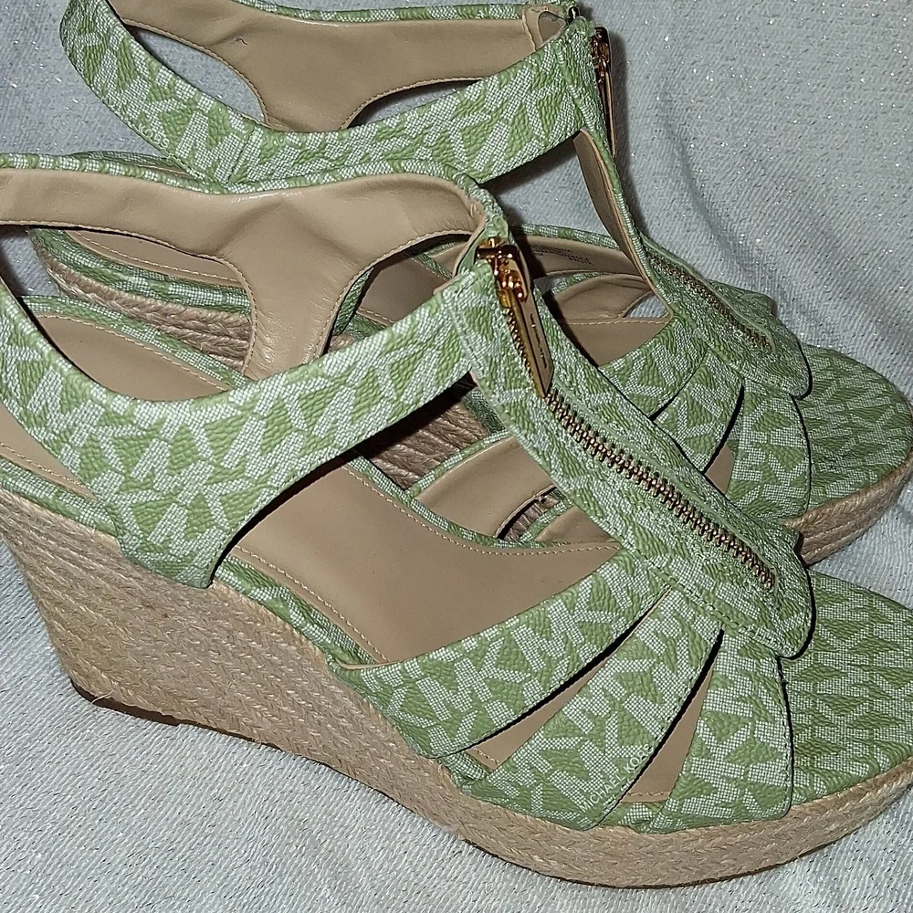 Michael Kors Light Green MK Logo Espadrille Wedge Sandals with Gold Zipper